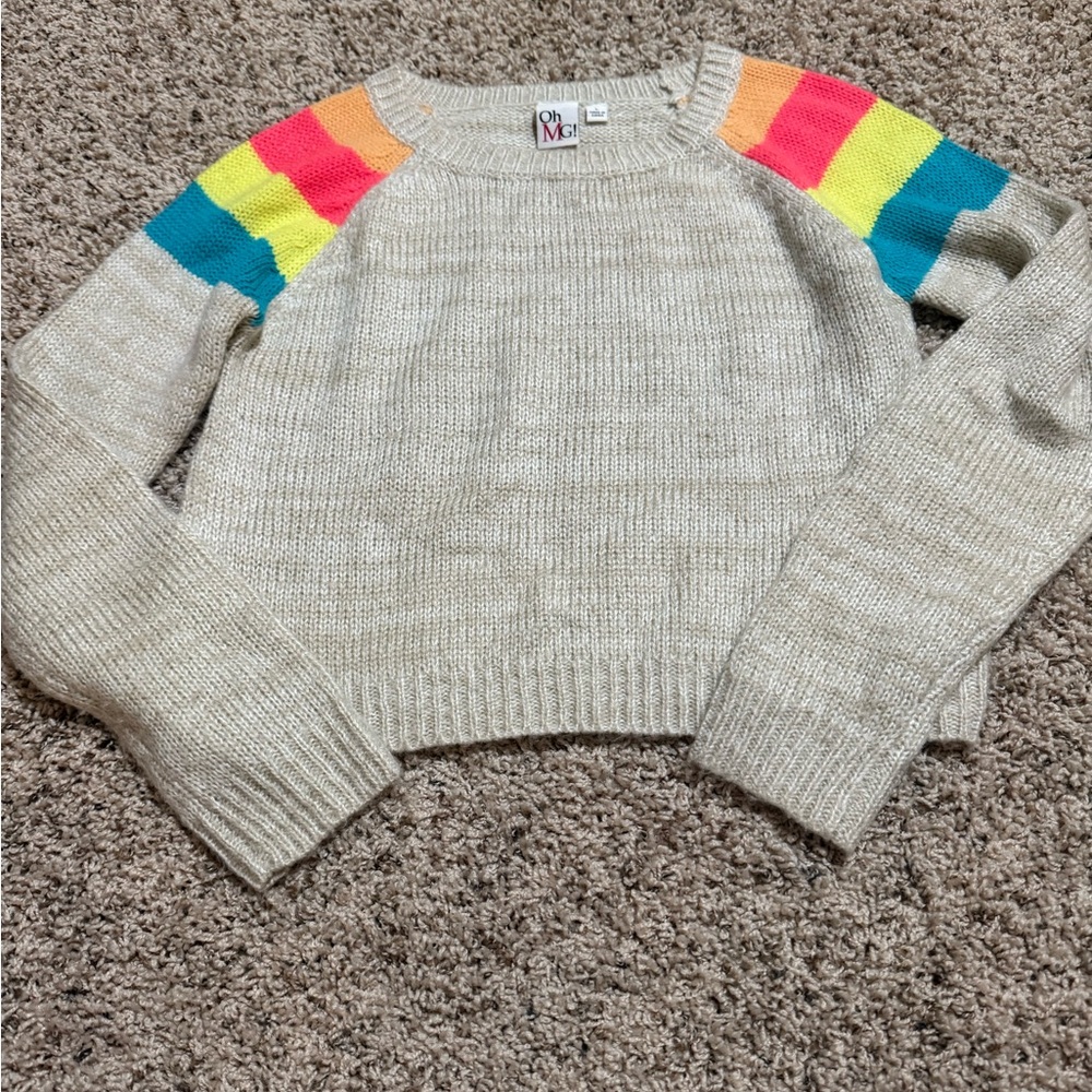 Oh MG! Cream Crewneck Sweater with Neon Stripe Shoulders